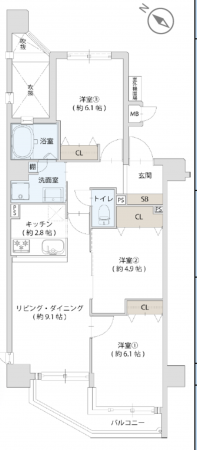 神戸市須磨区清水台、中古マンションの間取り画像です