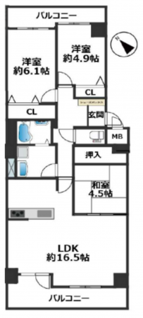 神戸市須磨区北落合、中古マンションの間取り画像です