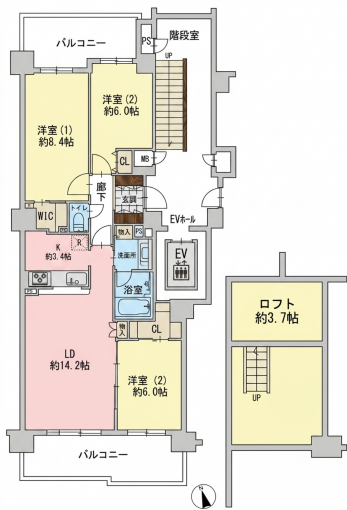 横浜市都筑区茅ケ崎東、中古マンションの間取り画像です