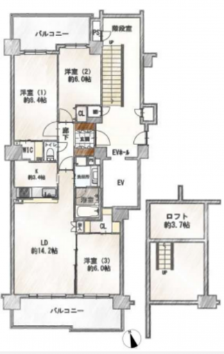 横浜市都筑区茅ケ崎東、中古マンションの間取り画像です