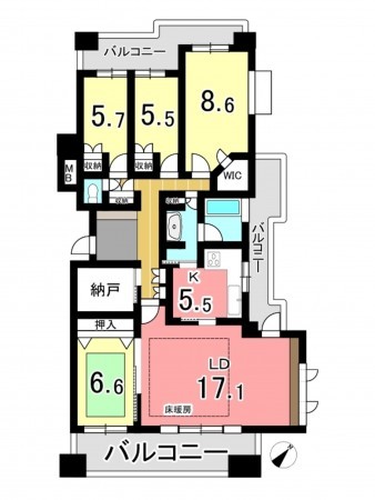 京田辺市山手南、中古マンションの間取り画像です