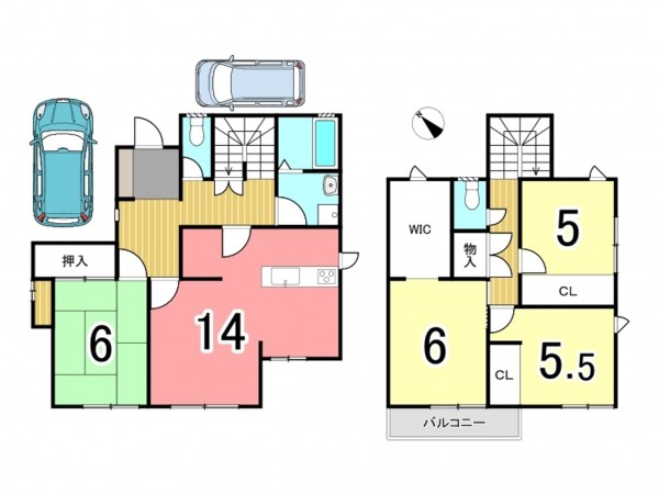 京田辺市花住坂、中古一戸建ての間取り画像です