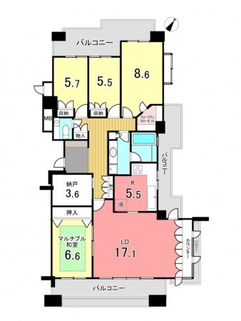 京田辺市山手東、中古マンションの間取り画像です