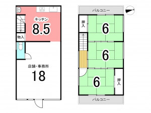 枚方市藤阪東町、収益物件/店舗付住宅の間取り画像です