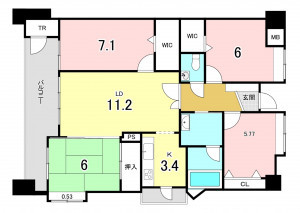福岡市中央区赤坂、中古マンションの間取り画像です
