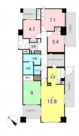福岡市中央区平尾、中古マンションの間取り画像です