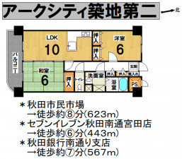 秋田市南通築地、マンションの間取り画像です