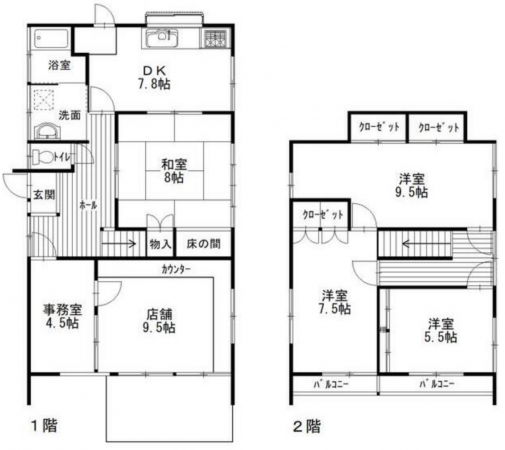 茂原市東郷、収益物件/店舗付住宅の間取り画像です