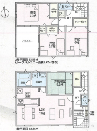 河北郡津幡町字清水、新築一戸建ての間取り画像です