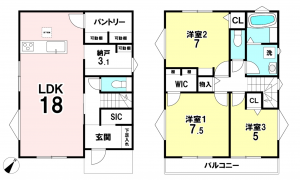 相模原市中央区田名、新築一戸建ての間取り画像です