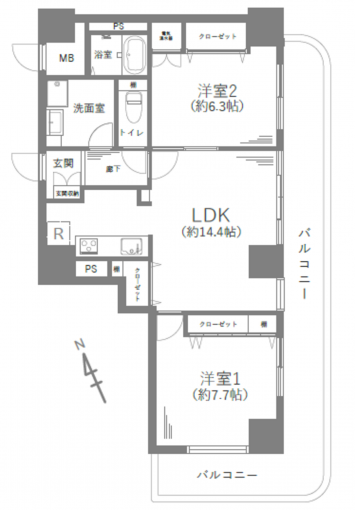 相模原市中央区水郷田名、中古マンションの間取り画像です