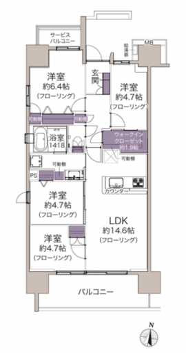 相模原市中央区淵野辺、中古マンションの間取り画像です