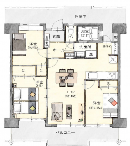四日市市北浜田町、中古マンションの間取り画像です