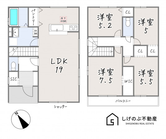 栗東市下鈎、新築一戸建ての間取り画像です