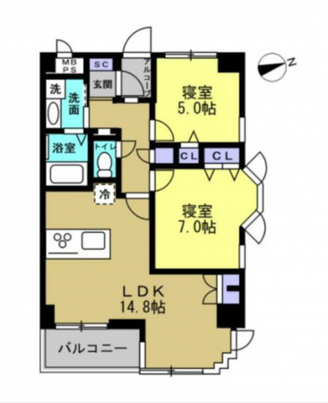 富山市城川原、マンションの間取り画像です