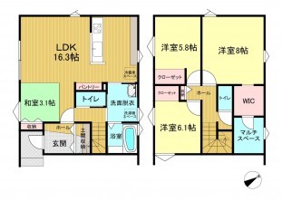 米子市両三柳、新築一戸建ての間取り画像です