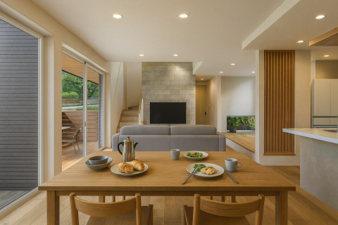 ■カフェのようなLDK
・吹抜けからの自然光、アウトドアリビングにつながる大きな窓、小上がりのタタミスペー
ス おもいおもいに寛げるカフェ感覚のLDK。
リビングが明るく開放的で気持ちよい雰囲気で家族での特別な時間を包み込みます。